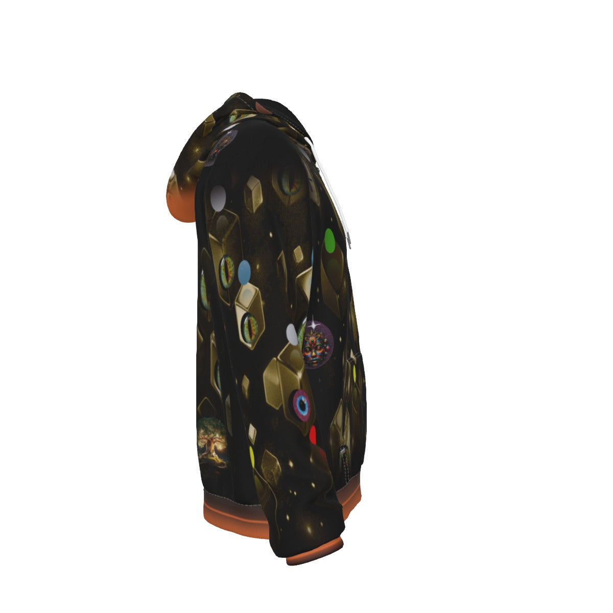 A black hooded sweatshirt shown from the side, featuring an all-over graphic print of 3D geometric cubes and circular portals in gold, green, blue, and purple, with orange-brown ribbed cuffs and hem.
