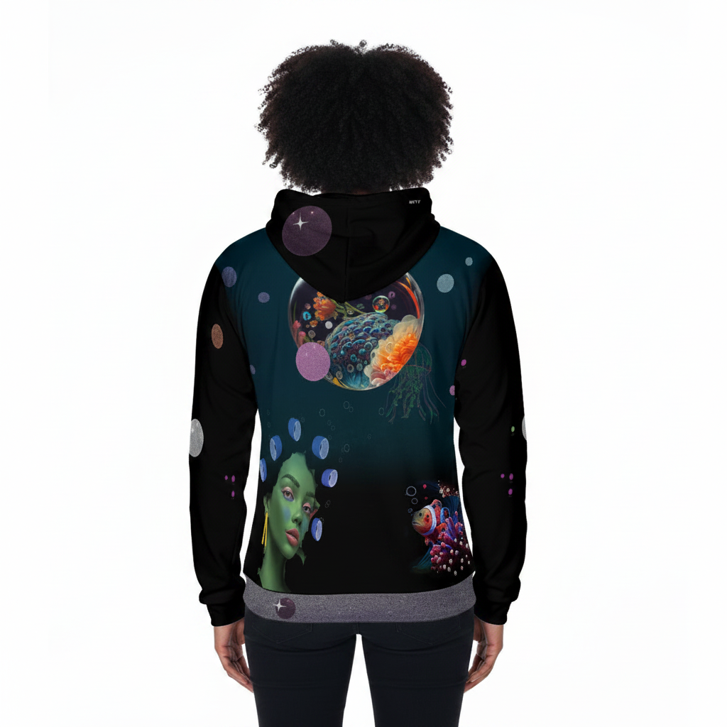 A person shown from the back wearing a black hoodie with a vivid cosmic and underwater-themed all-over print featuring a jellyfish, a fish, planets, and a green-skinned face on a dark teal background.