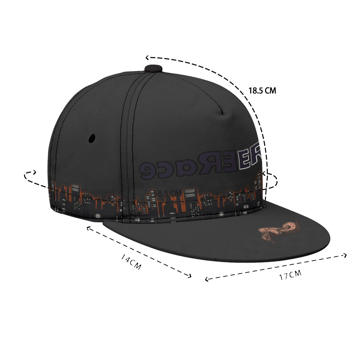 Black cap with brand logo and measurements on a white background
