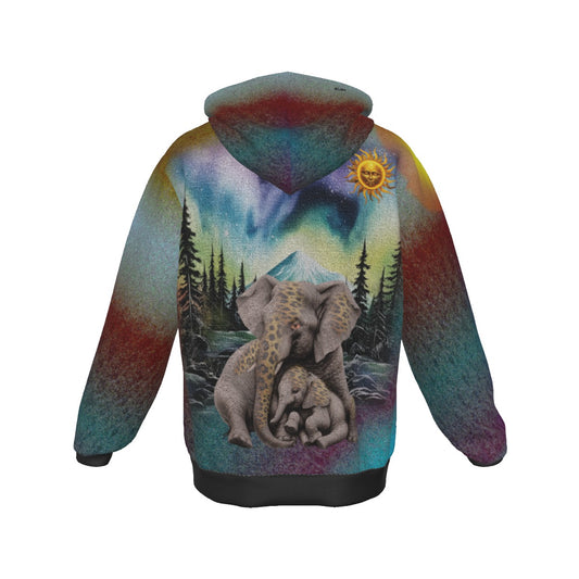 A long-sleeve hoodie shown from the back, featuring a colorful gradient design blending teal, blue, red, and purple, with a central graphic of an adult elephant and a baby elephant in a forest scene under a mountain and aurora sky. A small yellow sun graphic is on the upper right back.