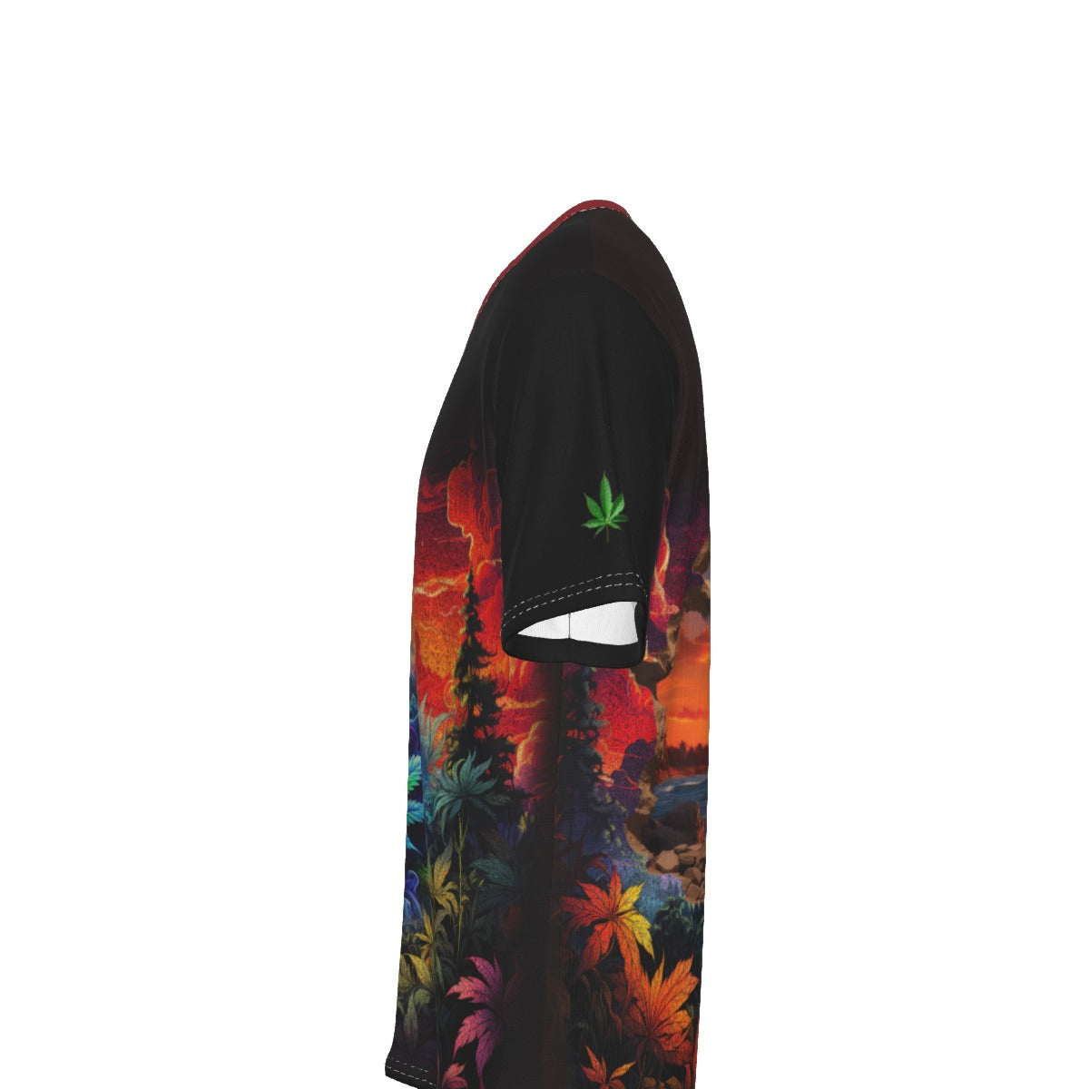 A black short-sleeve t-shirt shown from the side, featuring a vibrant multicolor landscape graphic on the lower half and a small green cannabis leaf printed on the upper sleeve.