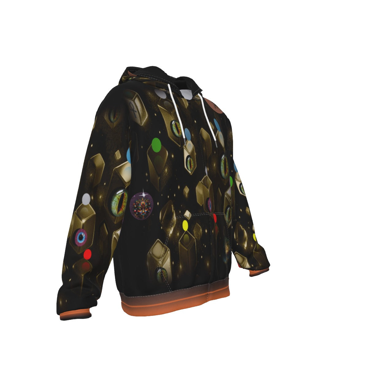A black pullover hoodie featuring an all-over print of gold-toned gemstones and colorful circular emblems, with white drawstrings and a kangaroo pocket, shown on a plain white background.