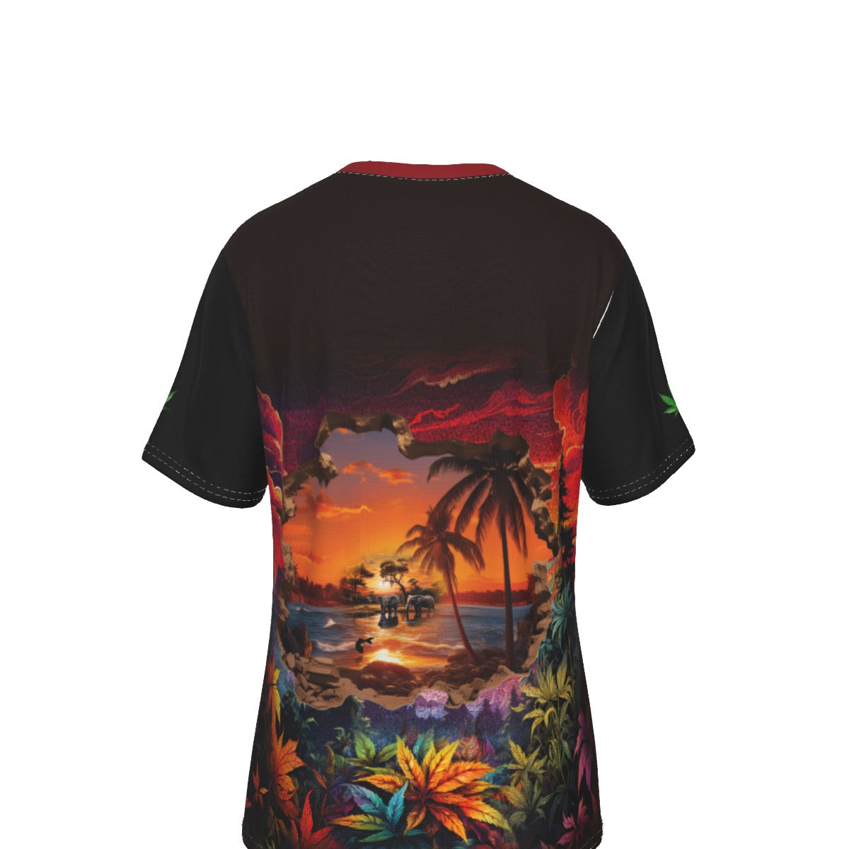 A short-sleeve t-shirt shown from the back, featuring a black base with a vibrant, multicolored tropical sunset graphic print across the back panel and sleeves.