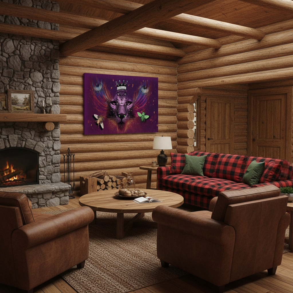 A colorful wall art print depicting a purple wolf with peacock feathers and butterflies, displayed in a rustic log cabin living room with a fireplace, leather armchairs, and a red plaid sofa.