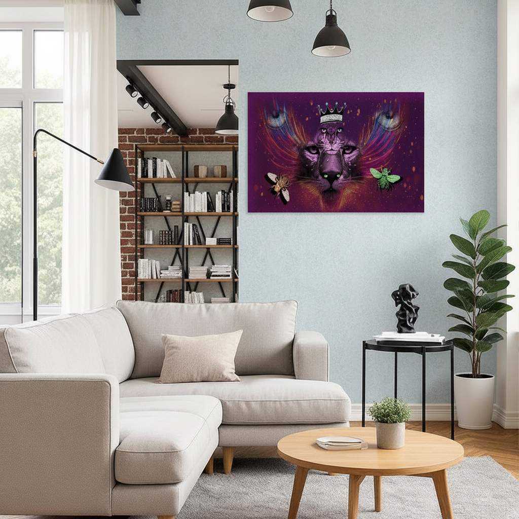 A colorful wall art print depicting a stylized lion head with purple wings and butterflies, displayed on a light blue-gray wall in a modern living room setting with a beige sectional sofa and a wooden coffee table.