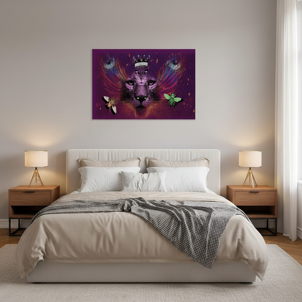 A colorful wall art print of a crowned cat with butterfly wings, displayed above a neatly made bed in a modern, symmetrically styled bedroom.
