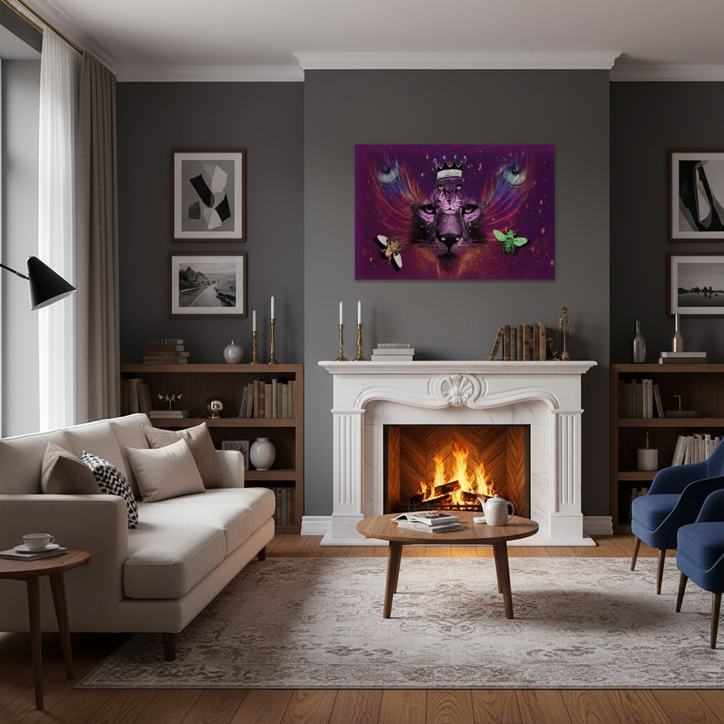 A modern living room with dark gray walls, a white fireplace mantel, a beige sofa, blue accent chairs, and a colorful purple and pink fantasy wall art piece above the fireplace.