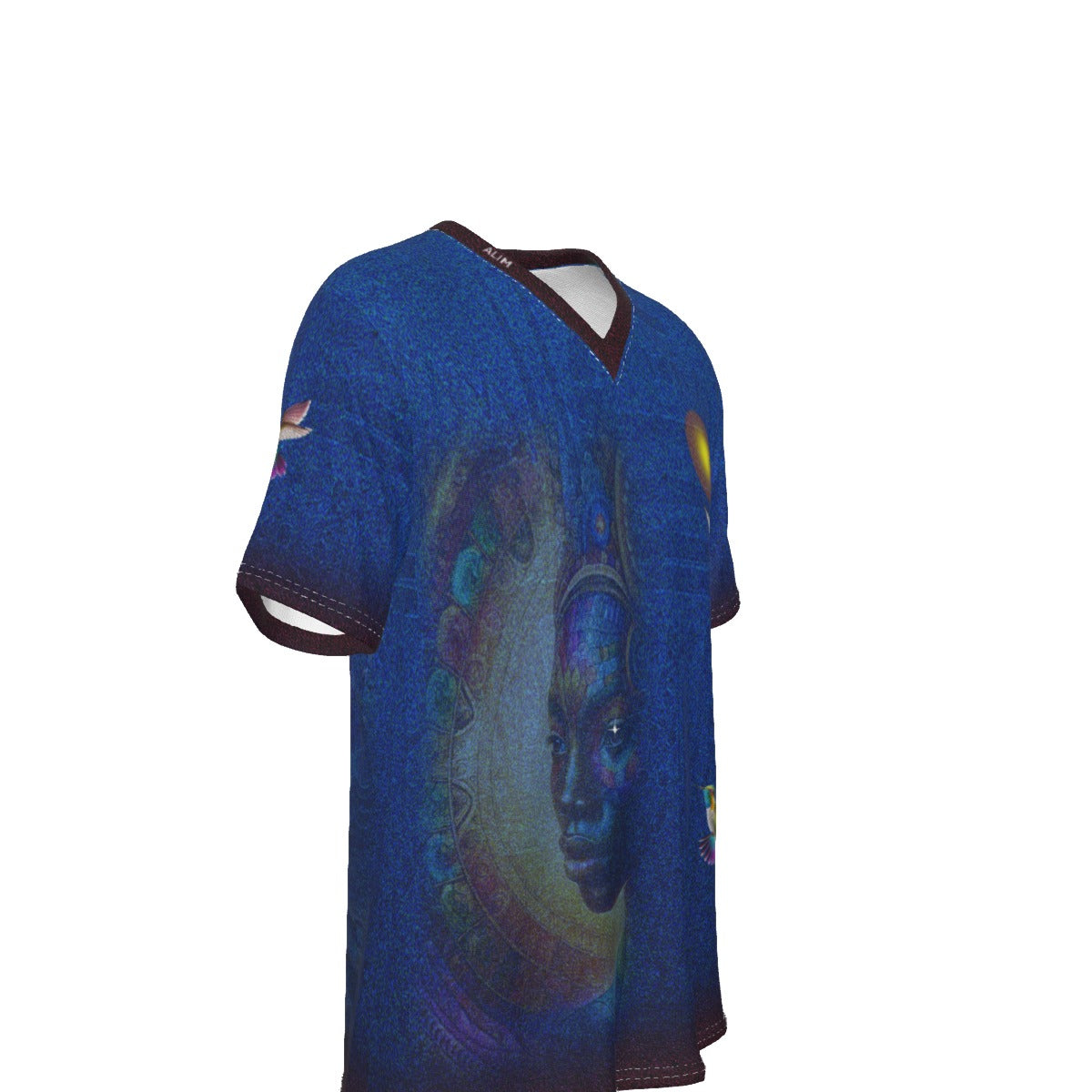 A blue short-sleeve V-neck t-shirt featuring a large psychedelic graphic of a face and circular mandala patterns on the front, displayed on a white background.