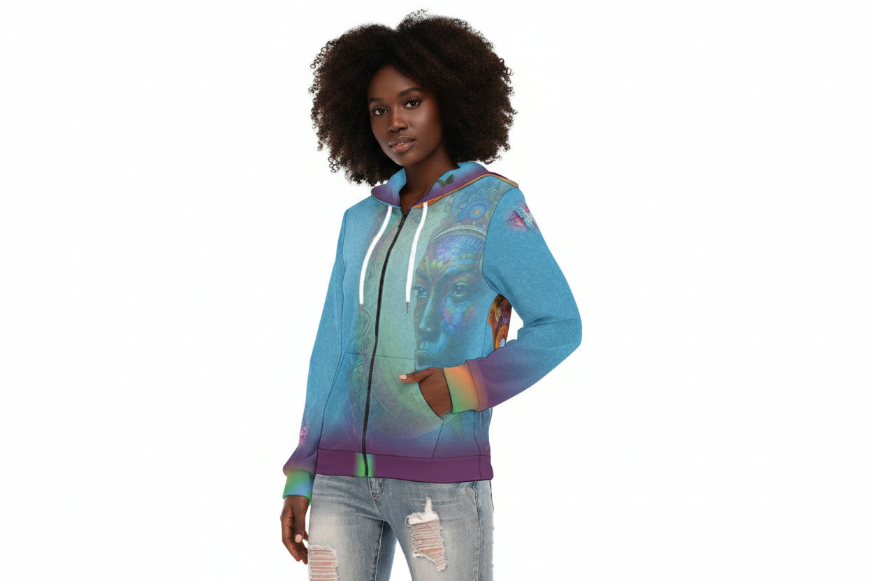 Woman wearing a colorful hoodie with a design on a white background
