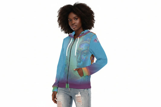 Woman wearing a colorful hoodie with a design on a white background