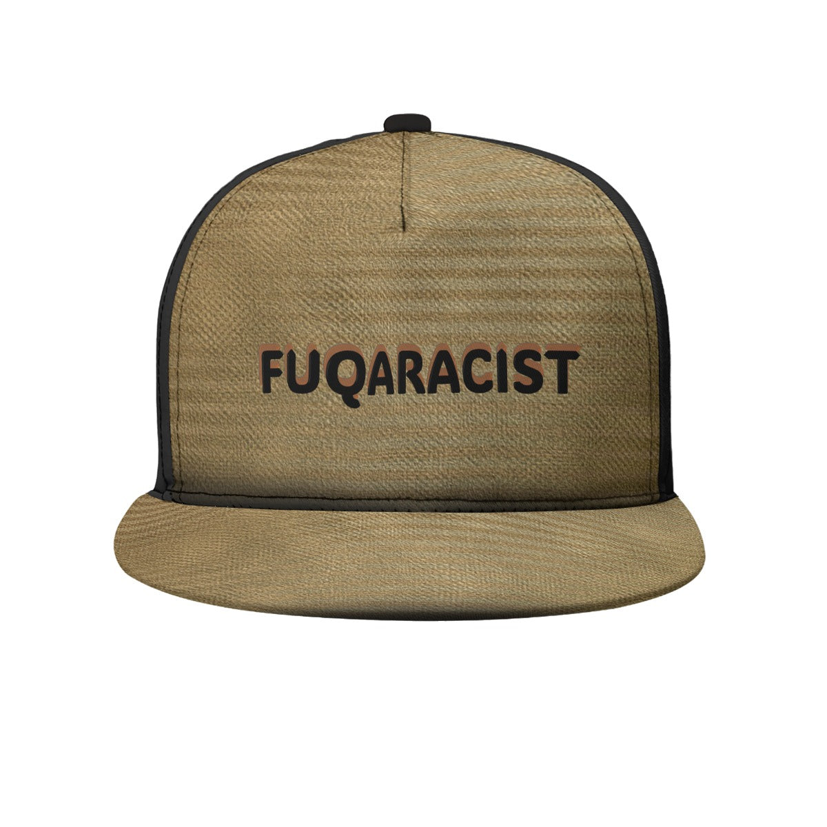 A tan trucker hat with black mesh side panels and black embroidered text reading 'FUQARACIST' on the front, shown against a plain white background.
