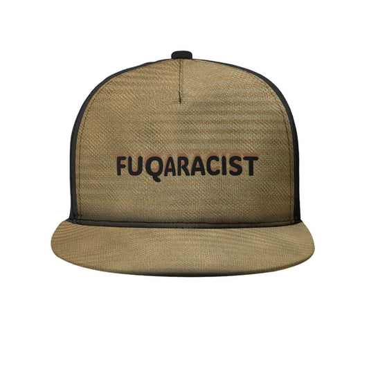 Fuqaracist Black Flat Brim Fitted CapA tan trucker hat with black mesh side panels and black embroidered text reading 'FUQARACIST' on the front, shown against a plain white background.