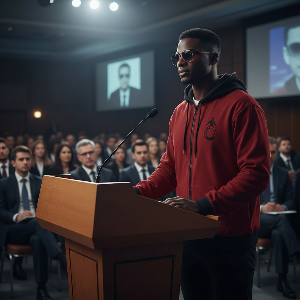 A man in a red zip-up hoodie with a black graphic on the chest stands behind a wooden podium at a conference or seminar, with an audience seated in the background and screens behind him.
