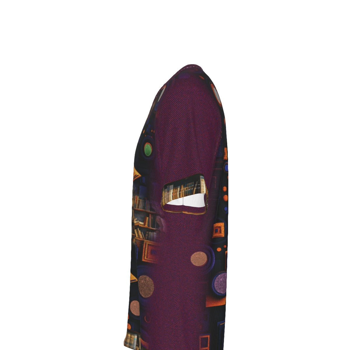 A side profile view of a ski mask with a deep purple base and a multicolor geometric pattern featuring orange, blue, and gold shapes, set against a plain white background.