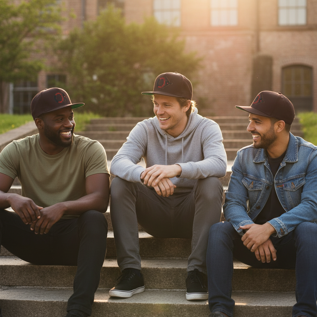 Three men sitting together on outdoor stone steps in front of a sunlit building, each wearing a dark brown baseball cap with a red logo, casual jackets and hoodies, and smiling at each other.