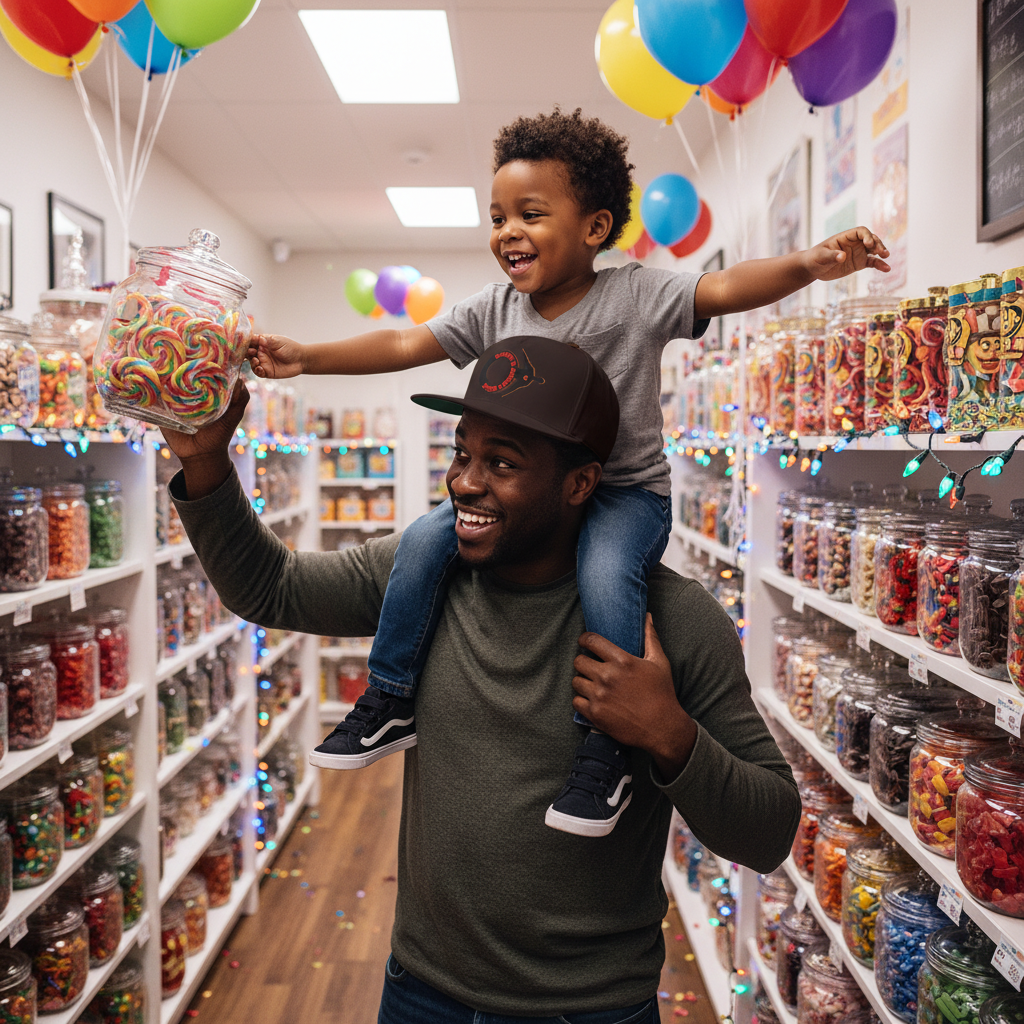 A man wearing a dark green long-sleeve shirt and a black cap with a red logo carries a young boy on his shoulders in a brightly lit candy store aisle. The man holds up a large glass jar filled with colorful lollipops, and colorful balloons and shelves of candy decorate the background.