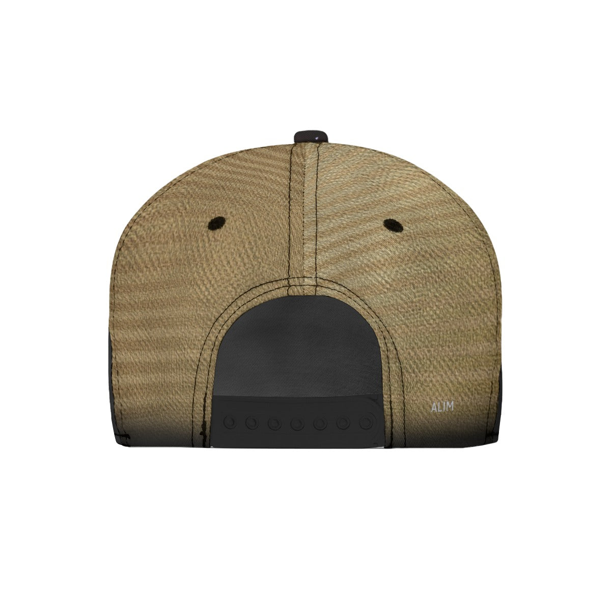 The back view of a structured snapback cap in a textured tan/khaki fabric with a black adjustable closure panel and black button on a plain white background.