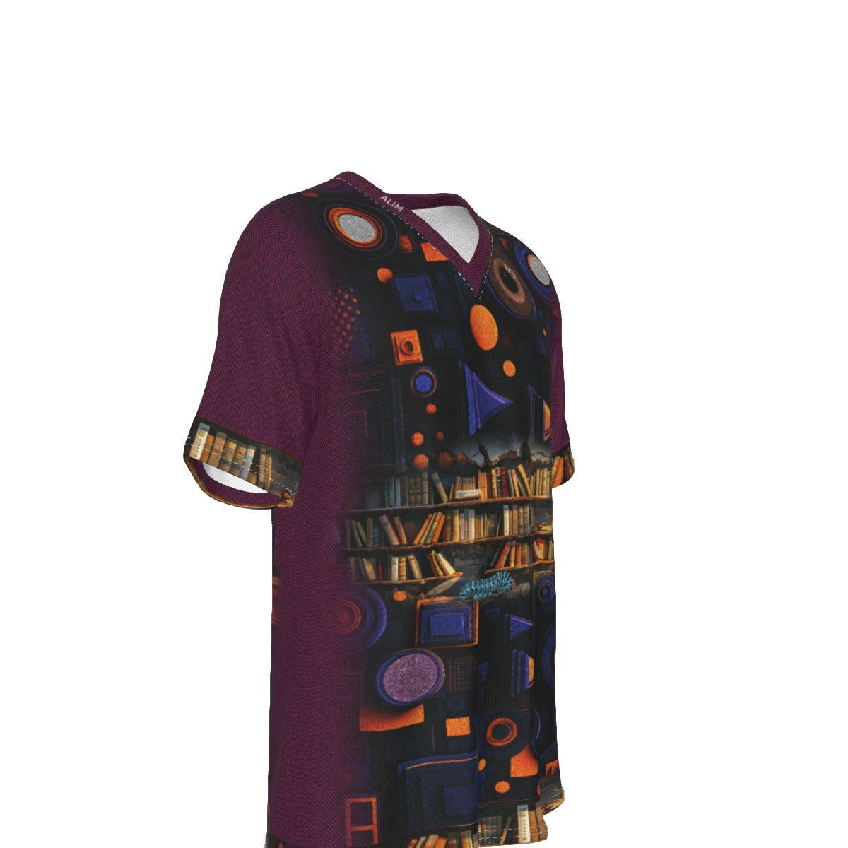 A short-sleeve V-neck t-shirt with a complex graphic print. The design features a dark background with geometric shapes, bookshelves, and abstract patterns in orange, blue, purple, and yellow, fading into a solid deep purple on the sleeves and shoulder area.