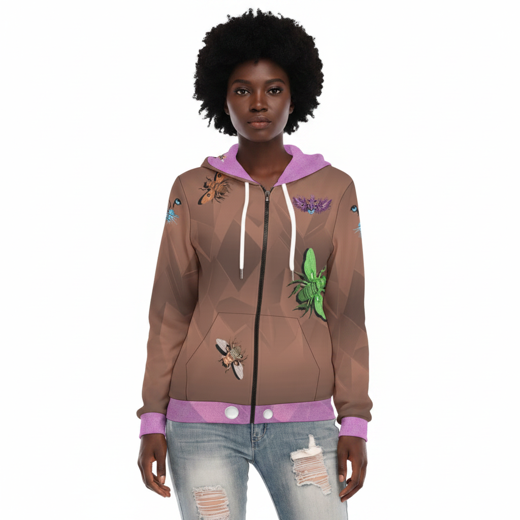 A woman modeling a brown zip-up hoodie with a geometric pattern, decorated with illustrations of insects like bees, butterflies, and a green beetle. The hoodie features a purple hood lining, white drawstrings, and a purple ribbed hem and cuffs, paired with distressed blue jeans against a plain white background.