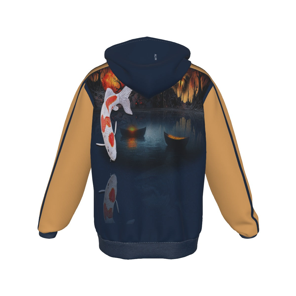 A navy blue and tan hoodie shown from the back, featuring a detailed graphic print of koi fish, boats, and a forest reflection on the back panel.