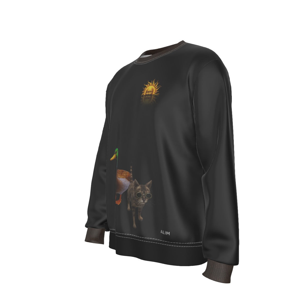 A black crewneck sweatshirt with a graphic print of a cat wearing a duck hunting bib and holding a duck, alongside a small sun logo on the chest. The sweatshirt is shown from a three-quarters angle on a plain white background.