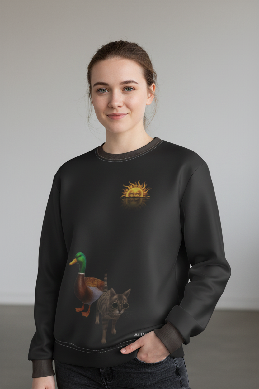 A woman wearing a black crewneck sweatshirt with a graphic print of a duck, a cat, and a sun, set against a plain gray studio background.