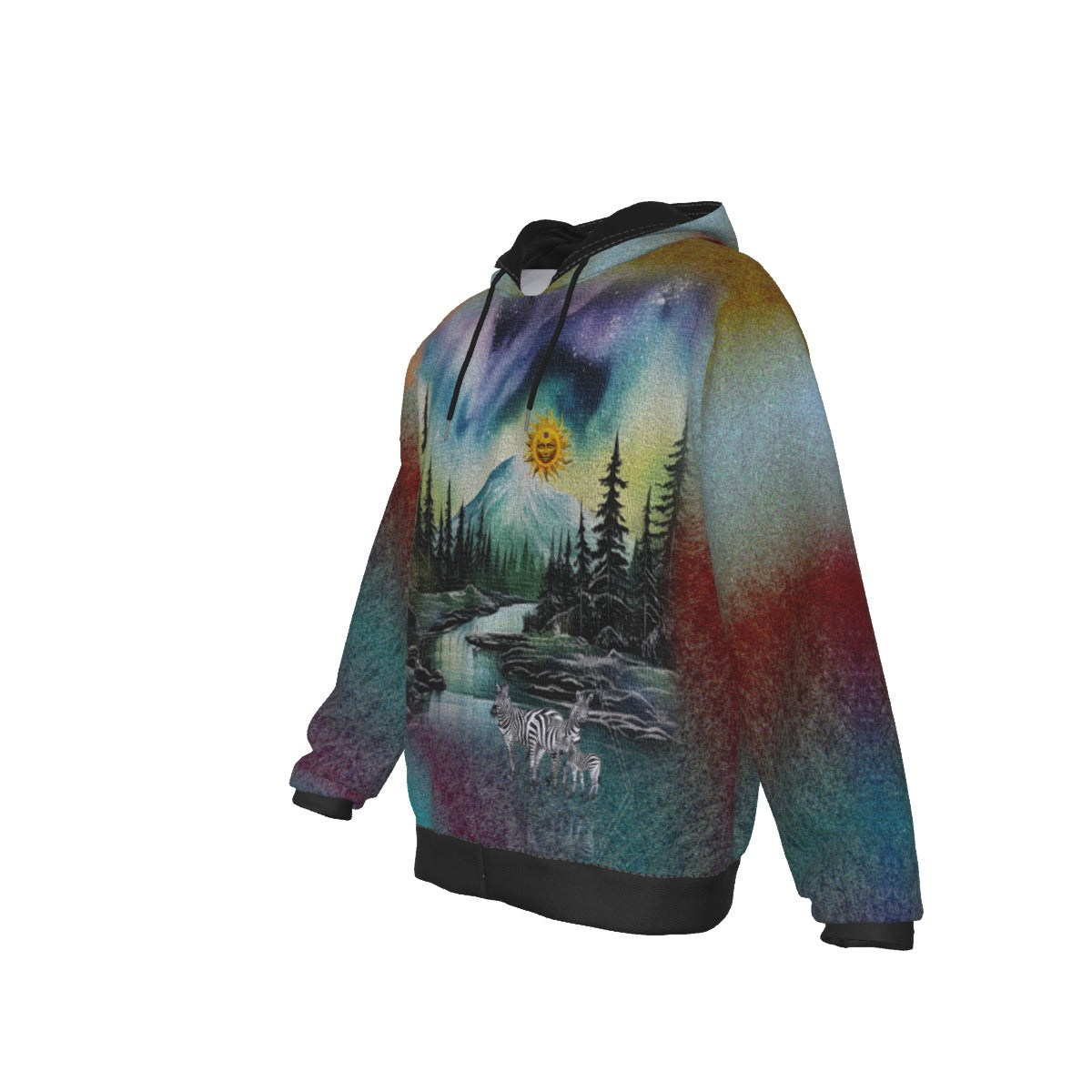 A long-sleeve hoodie with a black hood and ribbed cuffs/hem, featuring a vibrant, all-over scenic print of a mountain landscape with a river, pine trees, and a glowing sun.