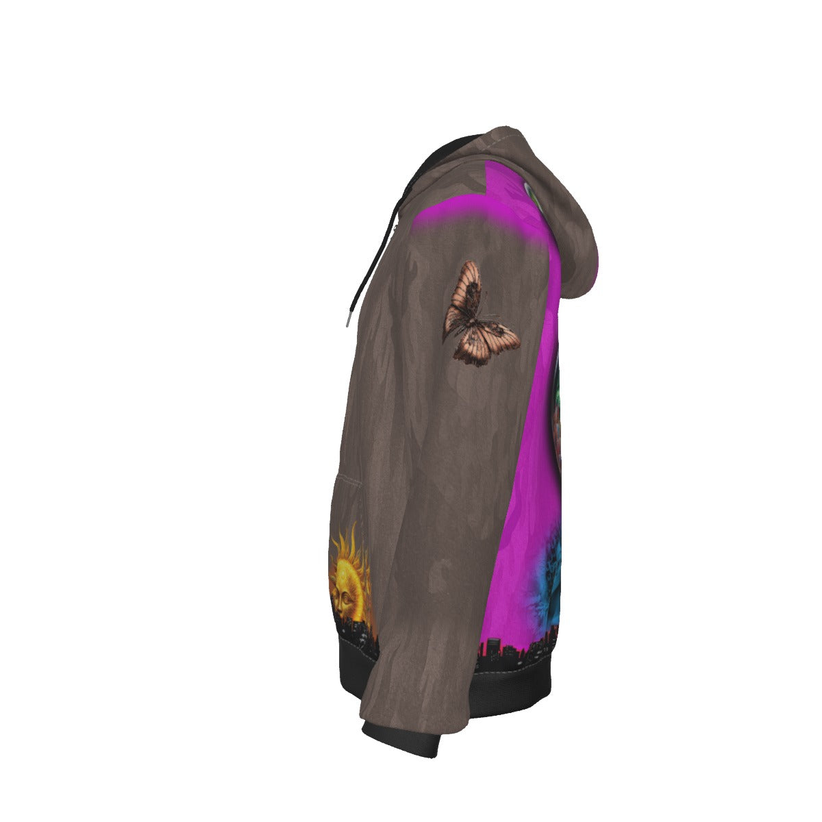 A side-profile view of a brown hooded sweatshirt featuring a vibrant graphic print with a butterfly, a yellow sun, and a purple-to-blue gradient background.