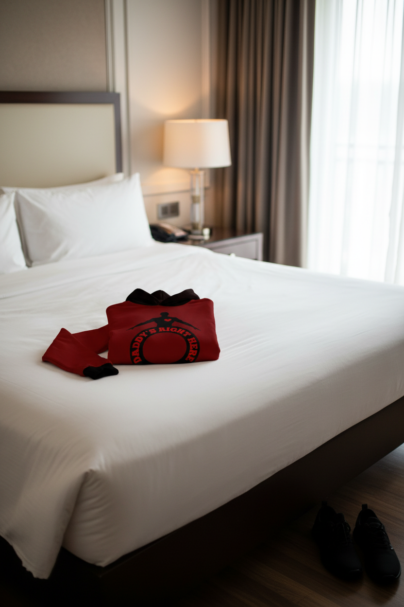 A red and black robe with a circular logo lies on a neatly made white bed in a hotel room, with a lamp, curtains, and a pair of black shoes visible in the background.