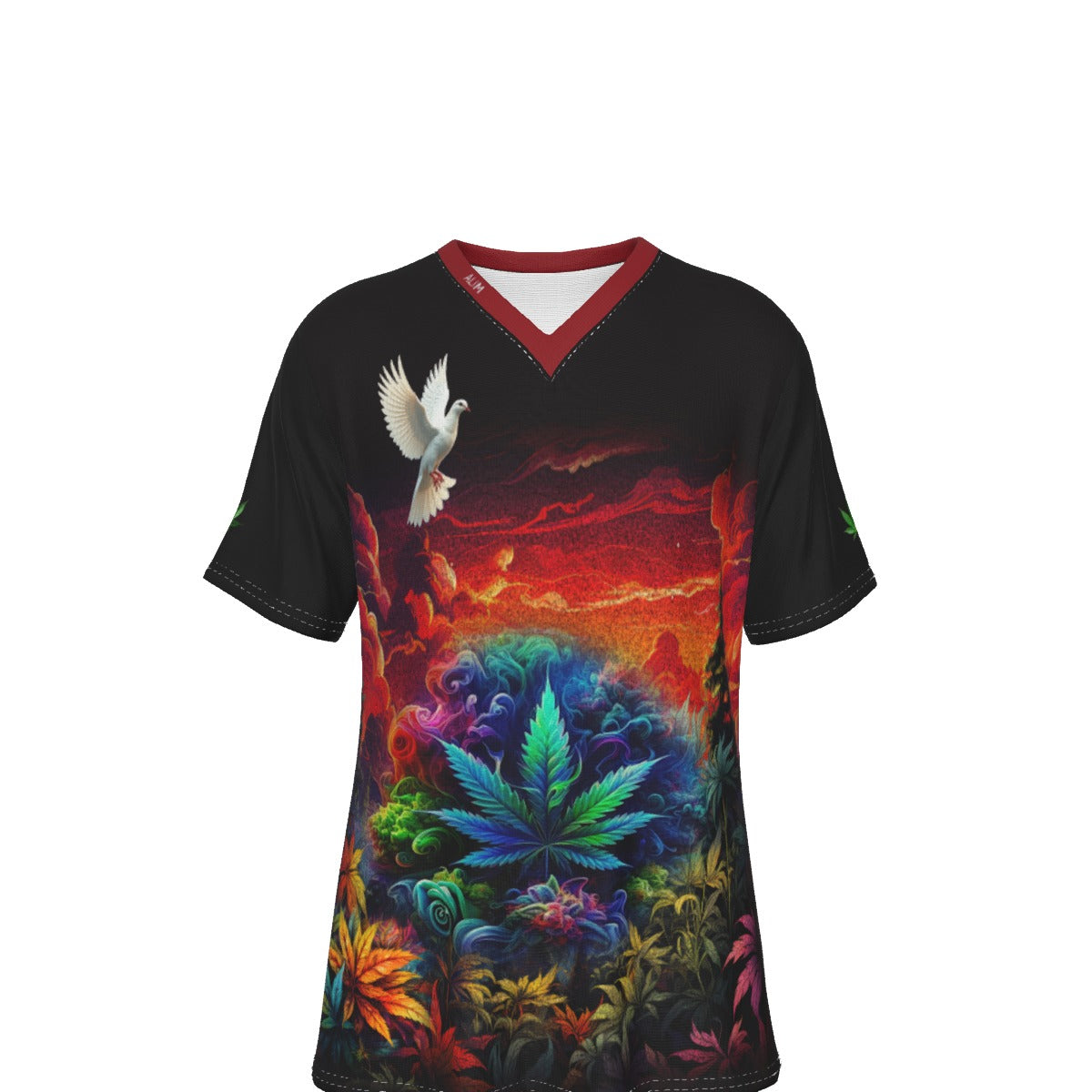 A black short-sleeve V-neck t-shirt featuring a vibrant, colorful graphic print of a flying white dove and a lush field of cannabis leaves under a fiery red and orange sky, shown on a plain white background.