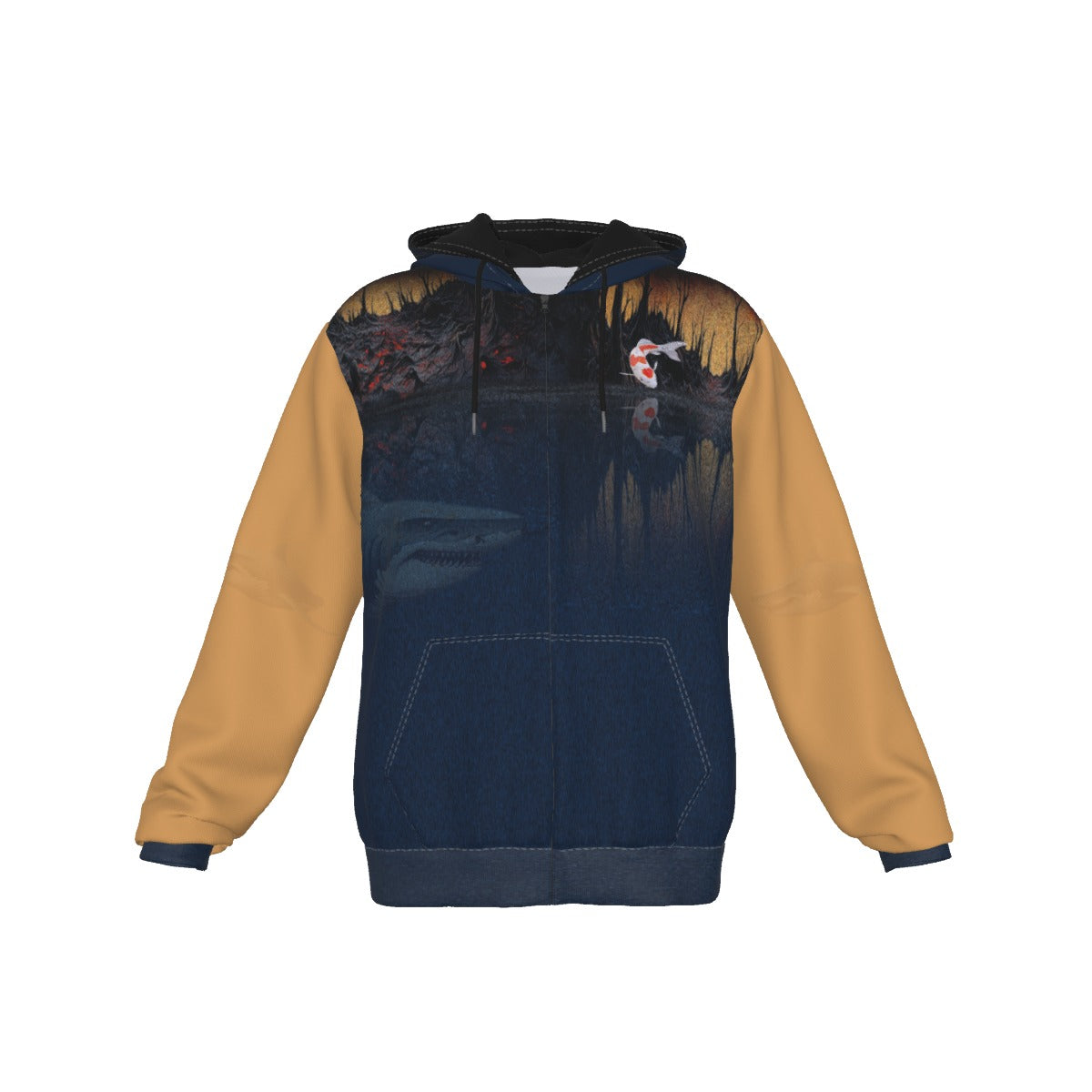 A zip-up hoodie with a split color design: dark navy blue body and mustard yellow sleeves, featuring a scenic nature print across the chest and hood with a fox and water reflection.