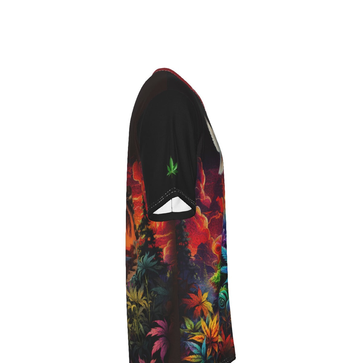 A black short-sleeve t-shirt shown from the side, featuring a vibrant multicolor floral and leaf pattern on the lower half and a small green leaf graphic on the upper sleeve.