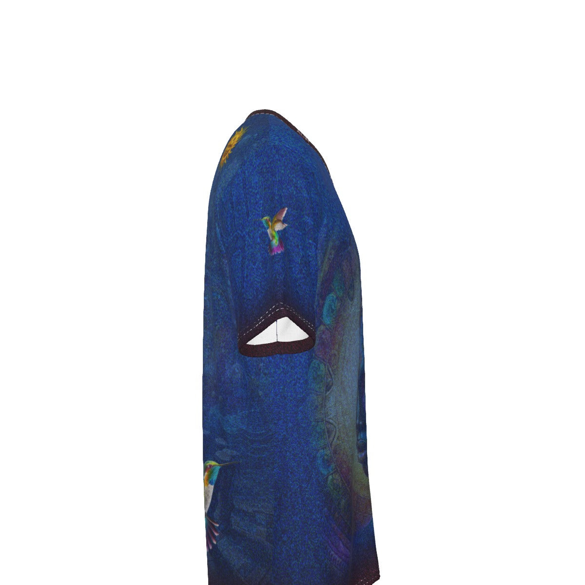 A blue hooded face covering with a triangular eye opening and colorful embroidered bird motifs, shown against a plain white background.