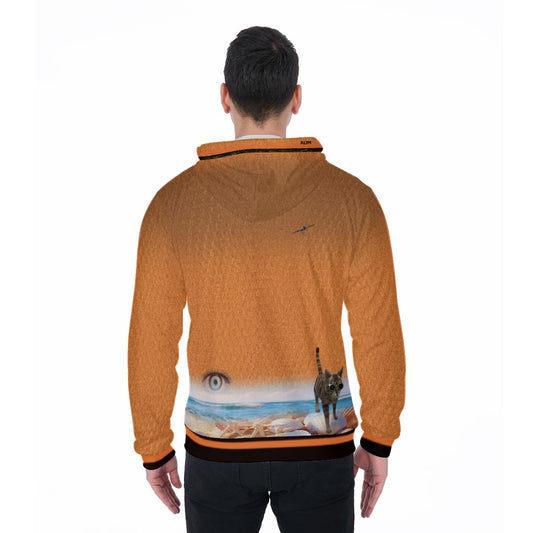 A man viewed from the back wearing a textured orange hoodie with a graphic print on the lower back showing a cat on a beach and a large eye, set against a plain white background.