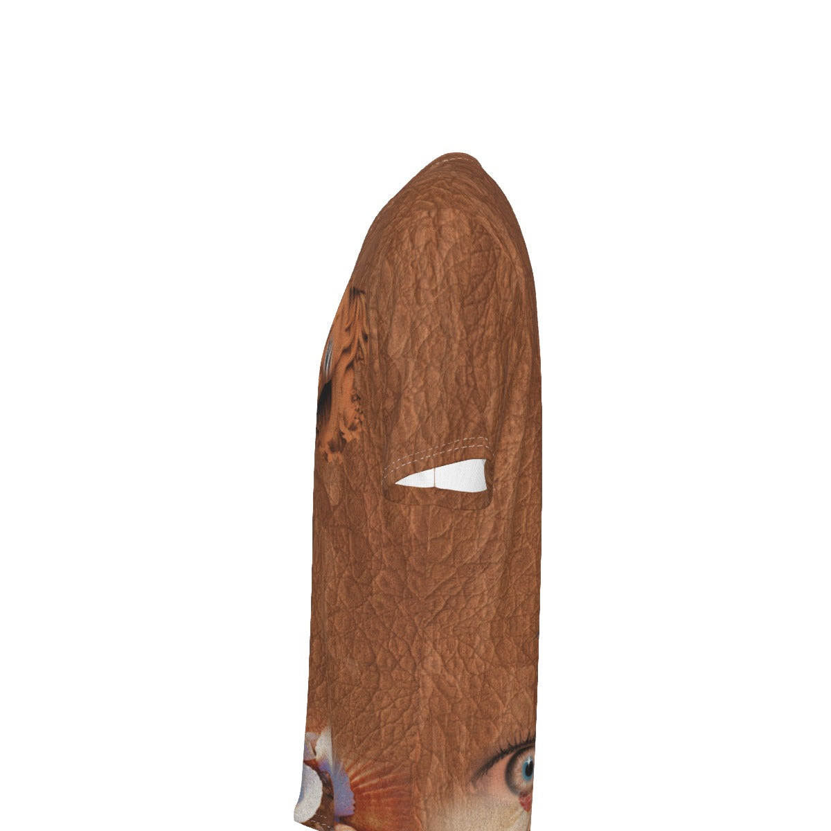 A close-up side view of a brown textured balaclava or face covering with a cutout for the eye, featuring a printed design with animal and eye motifs, shown against a plain white background.