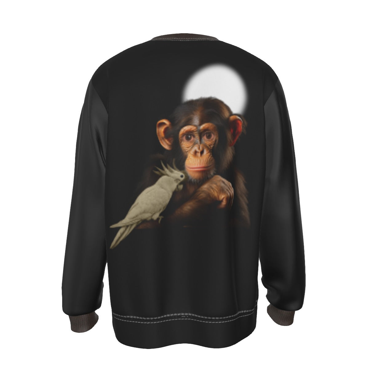 A black crewneck sweatshirt shown from the back, featuring a large graphic print of a chimpanzee holding a white cockatoo, with a white circular spotlight graphic behind the animal.