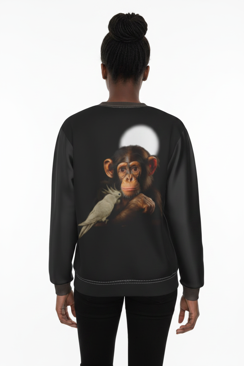 A model shown from the back wearing a black crewneck sweatshirt with a large graphic print of a chimpanzee and a white cockatoo on the back, set against a plain white background.