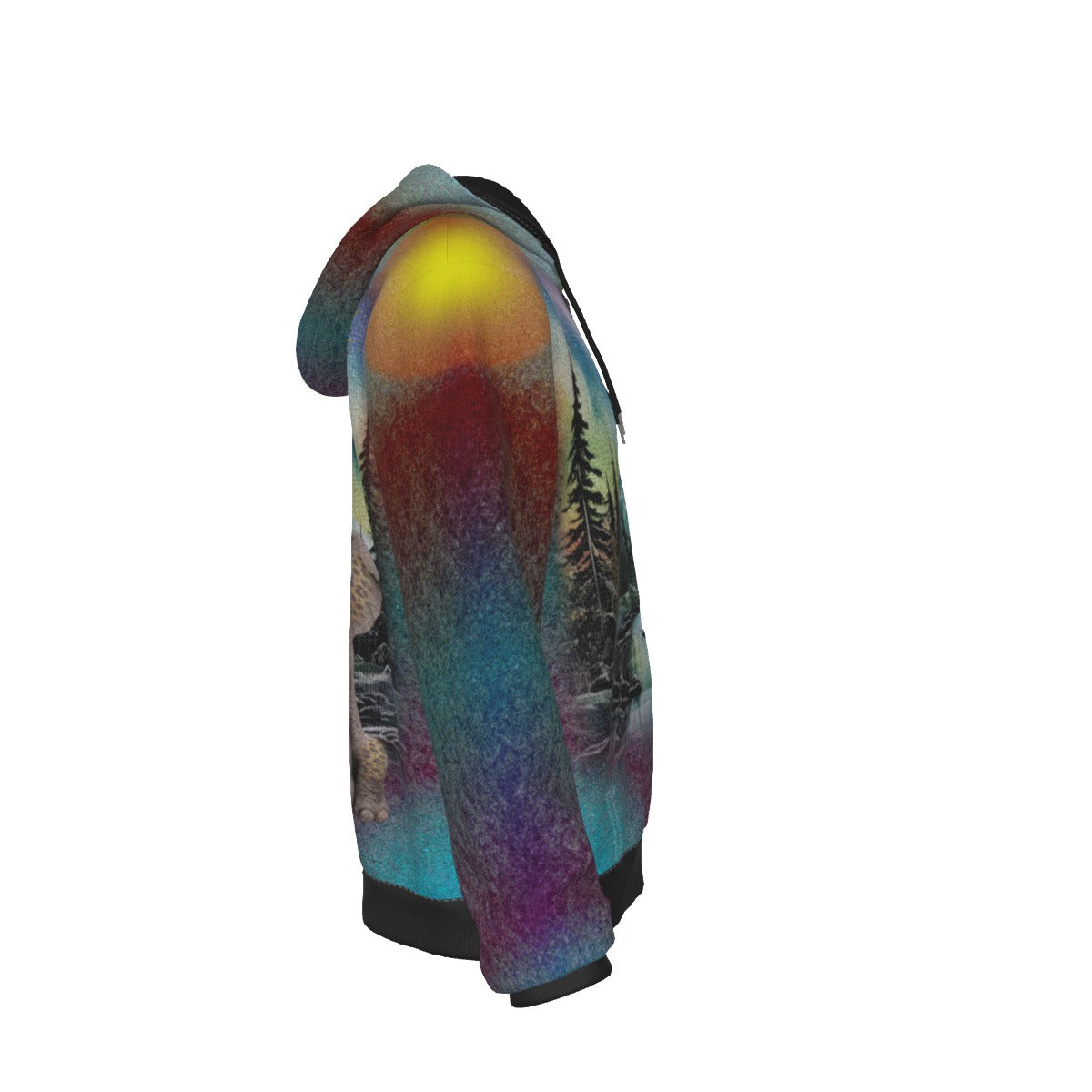 A side profile view of a fleece pullover hoodie featuring a vibrant, multicolor landscape print with a sunset gradient, pine trees, and a mountain scene, set against a plain white background.