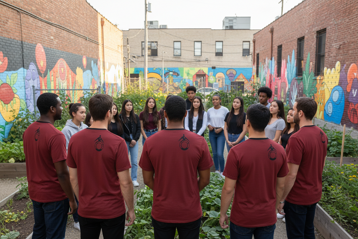 A group of young people standing in a brick courtyard garden, wearing matching dark red t-shirts with a circular logo on the back. The background features colorful painted brick walls and buildings.
