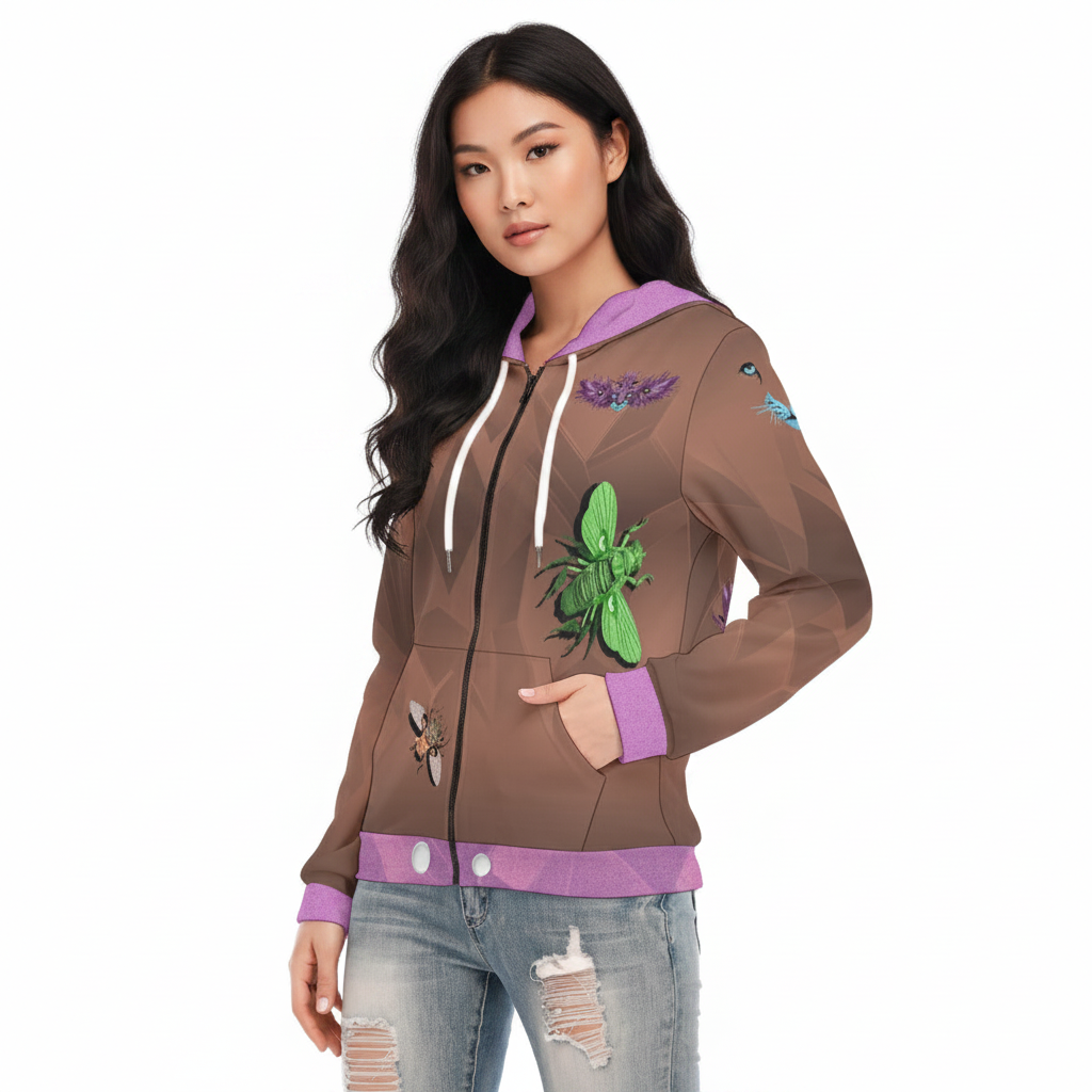 A woman modeling a brown zip-up hoodie with purple trim, white drawstrings, and insect graphics, paired with distressed blue jeans against a plain white background.