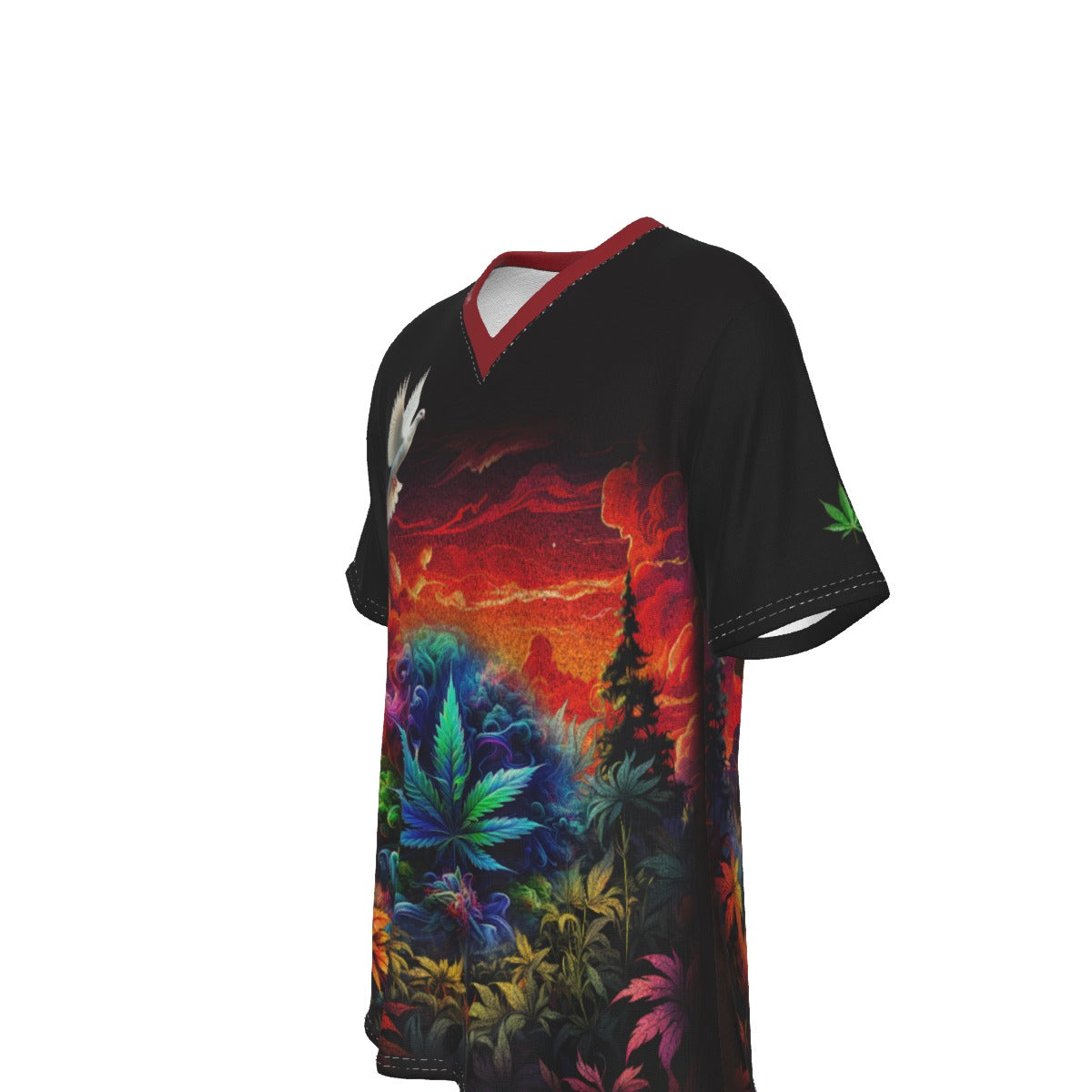 A black short-sleeve V-neck t-shirt featuring a vibrant, multicolored psychedelic print of cannabis plants and a fiery sunset sky on the front, with a green leaf on the sleeve.