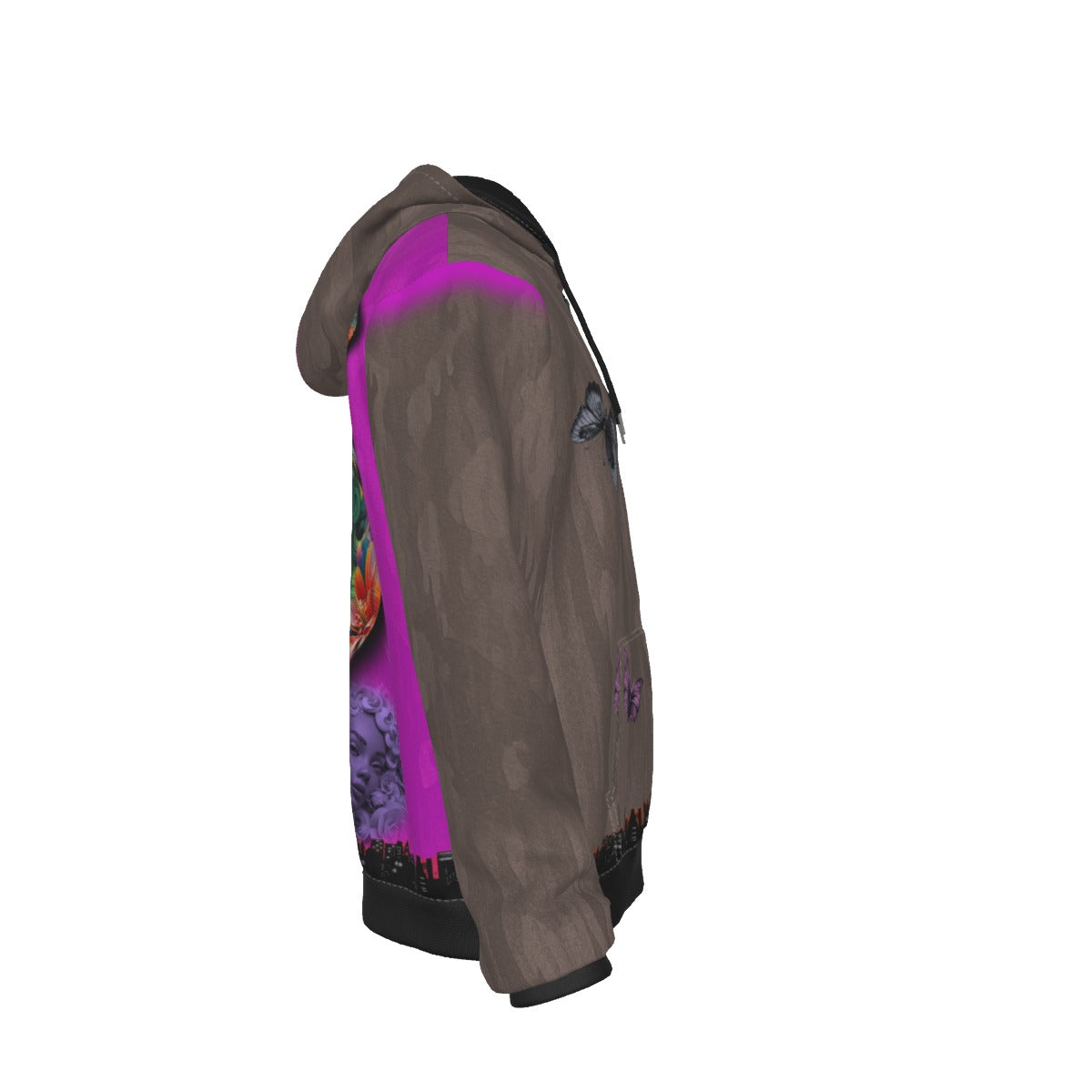 A brown hooded sweatshirt shown from the side profile on a solid white background, featuring a vibrant purple side stripe and a colorful graphic print near the lower hem.