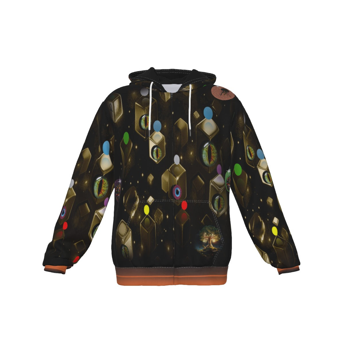 A black zip-up hoodie with a detailed all-over print of 3D geometric cubes, glowing orbs, and colorful eyes in various colors, shown against a plain white background.