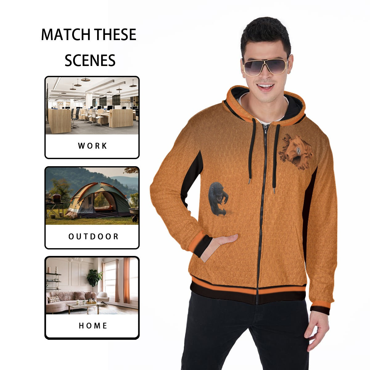 A man wearing a textured orange zip-up hoodie with black trim and animal graphics, shown against a white background with text reading 'MATCH THESE SCENES' and three small scene examples labeled Work, Outdoor, and Home.