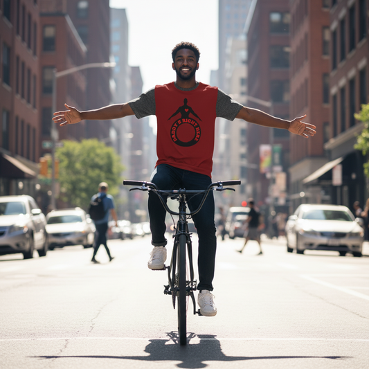 A man riding a bicycle down a city street with his arms outstretched, wearing a red graphic t-shirt with a black circular logo that reads 'Daddy's Right Here'.