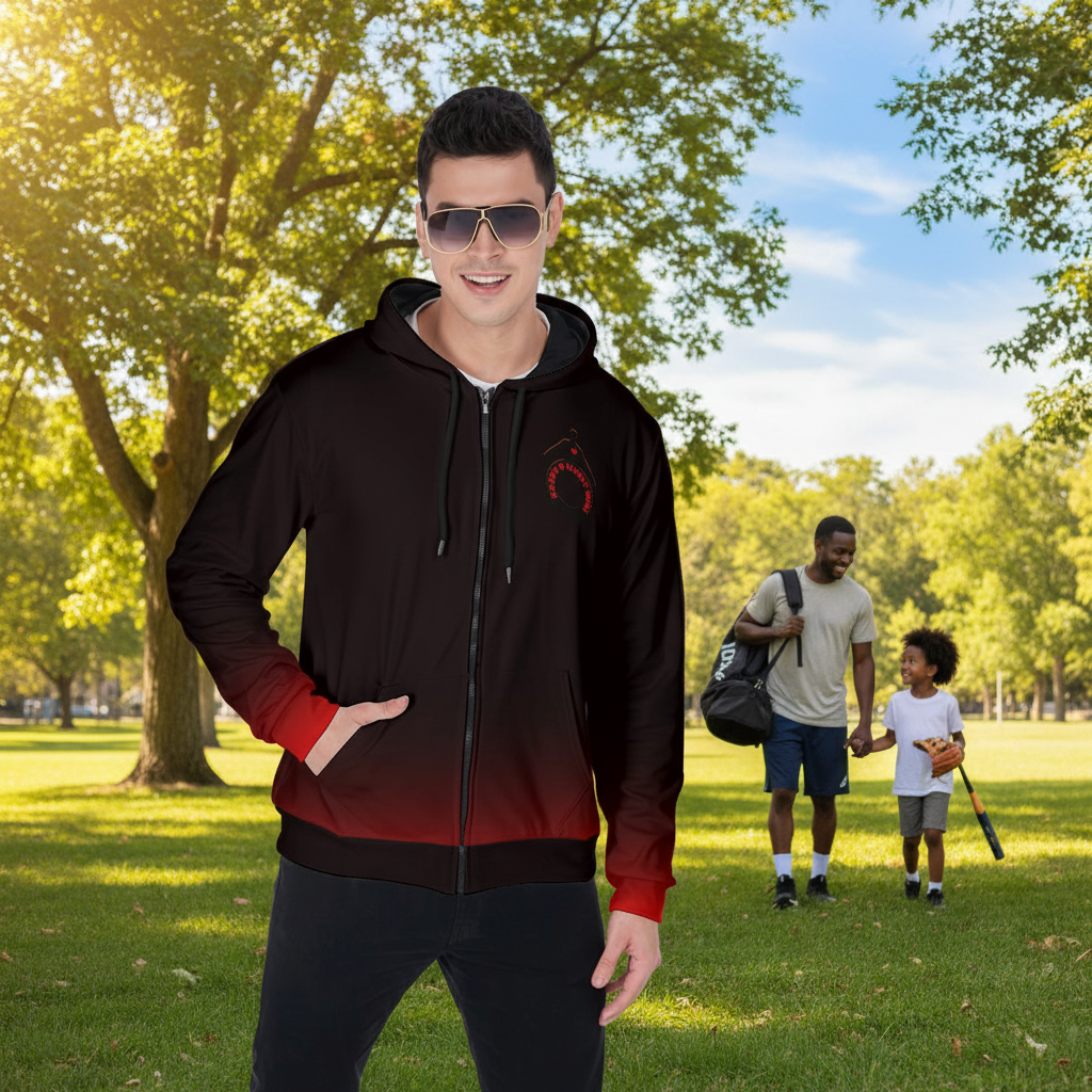 Daddy's Right Here Logo Red Cuffs Zip Up Hoodie With Pocket
