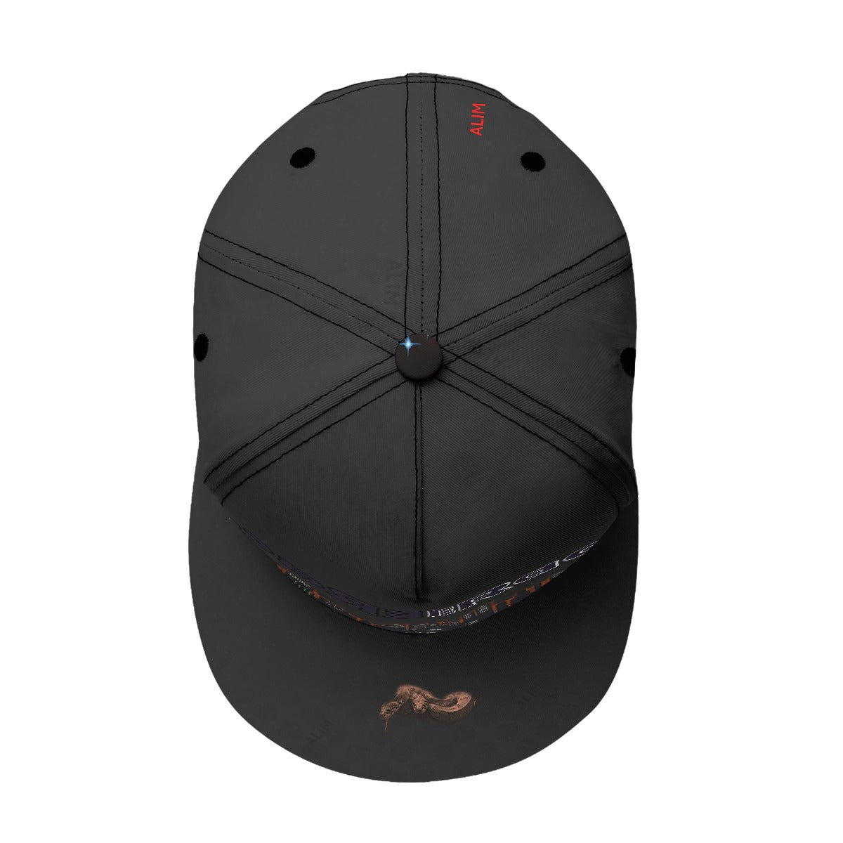 Black cap with a red button on a white background