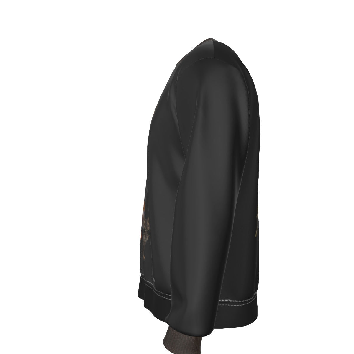 A black long-sleeve bomber jacket shown from a side profile view against a plain white background.