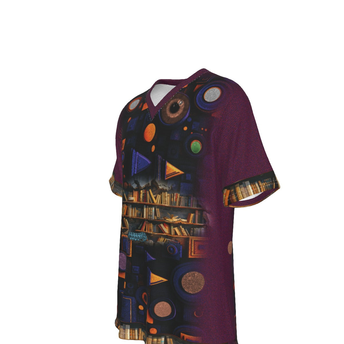 A short-sleeve V-neck athletic t-shirt with a dark purple base and an all-over abstract graphic print featuring bookshelves, books, and colorful geometric shapes in orange, blue, green, and brown.