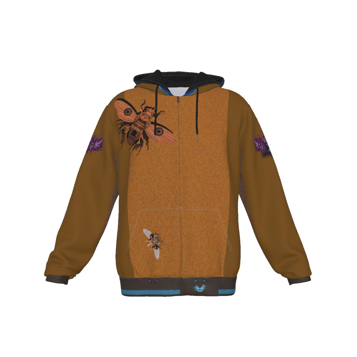 A brown zip-up hoodie featuring a textured orange-brown front panel with printed bee illustrations, solid brown sleeves and side panels, a black hood lining, and small purple sleeve patches.